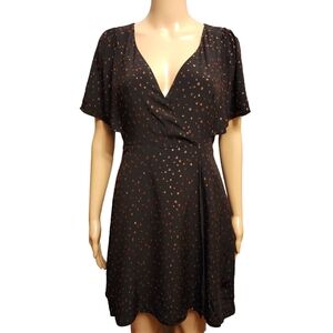 Madewell Black Cape Sleeve Metallic Dots Faux Wrap Cocktail Mini Dress Size 2